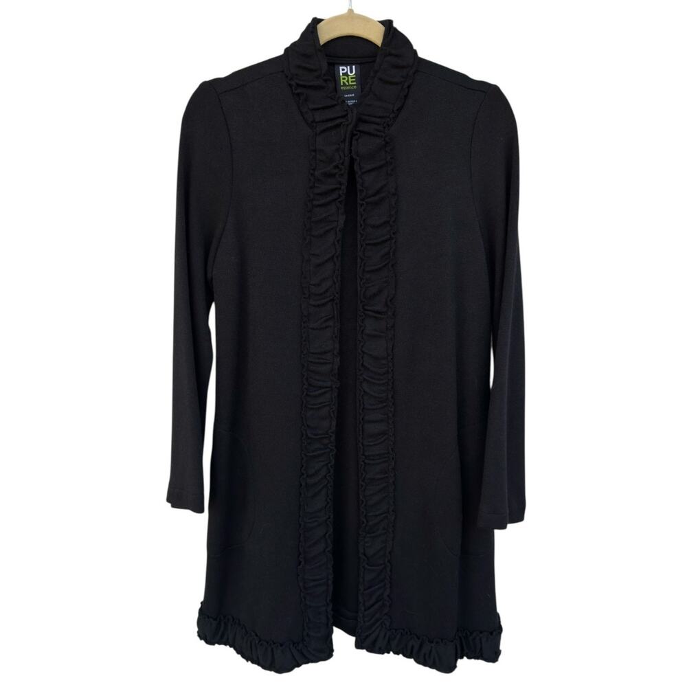 Pure Essence Women’s Black Open Front Ruffle Edge Knit Cardigan Size S/P